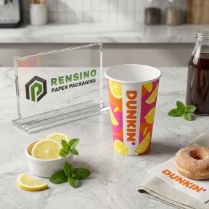 Tazza di carta arancione e rosa con motivo di fetta di limone per imballaggio di bevande, stampa logo personalizzata disponibile