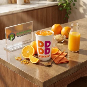 Tazza di Carta Bianca per Bevande con Testo Stampato Arancione e Rosa, Adatta per Imballaggio Bevande, Stampa Logo Personalizzata Disponibile