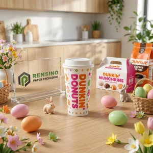 Tazza di Carta Bianca con Logo Colorato di DUNKIN’ Donuts, Adatta per Imballaggio di Caffè o Bevande