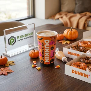 Tazza di Carta Arancione con Motivo di Zucca di Halloween e Pipistrello per Imballaggio di Bevande, Stampa Logo Personalizzata Disponibile