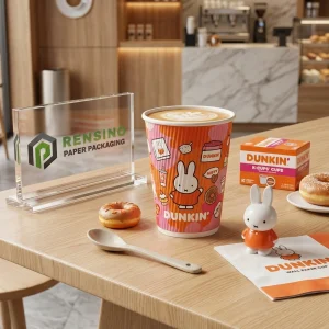 Gobelet en papier rose avec la marque Miffy et Dunkin, adapté pour les boissons, les cadeaux ou l'emballage de détail, service OEM/ODM disponible