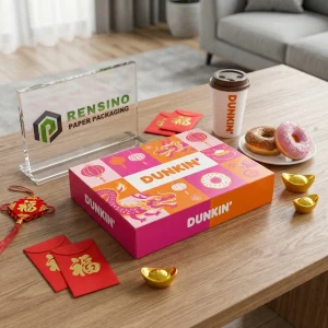 Scatola regalo usa e getta rosa e arancione con testo Dunkin’ stampato e motivo drago e ciambella, adatta per imballaggio alimentare, design personalizzato disponibile