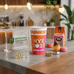 Tazza di Carta Arancione e Rosa con Testo Stampato “DUNKIN’ NYE 2025”, Adatta per Imballaggio di Bevande, Stampa Logo Personalizzata Disponibile
