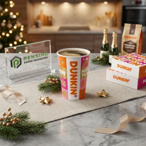 संतरी और सफेद डिस्पोजेबल पेपर कप जिन पर “DUNKIN'” टेक्स्ट और नए साल का पैटर्न प्रिंट किया गया है, कस्टम डिज़ाइन उपलब्ध है
