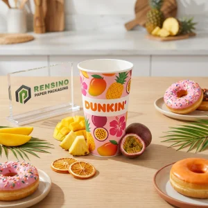 Pink Paper Cup with Tropical Fruit Illustrations and Printed “DUNKIN'” Text, Suitable for Beverage Packaging, Custom Logo Printing Available