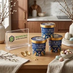 Blau und Gold Papier-Eisverpackung mit Oster-Muster, geeignet für Lebensmittelverpackung, individuelles Design verfügbar