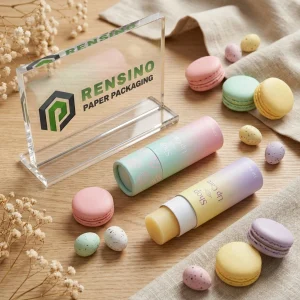 Confezione di tubo per balsamo labbra in carta con gradiente pastello e motivo di uova di Pasqua, adatta per uso cosmetico o regalo, servizio OEM/ODM disponibile