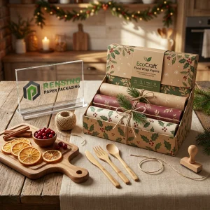 Carta da imballaggio alimentare ecologica in kraft con motivo di agrifoglio stampato e decorazione in nastro, adatta per imballaggio alimentare o al dettaglio, design personalizzato disponibile