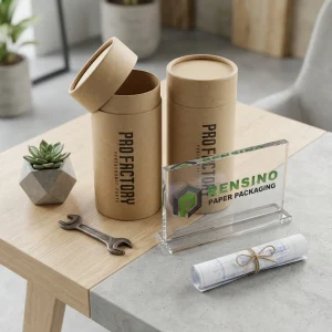 Embalagem de Tubo de Papel Marrom com Texto Impresso “PRO FACTORY” e Exibição Acrílica “RENSINO PAPER PACKAGING”, Design Personalizado Disponível