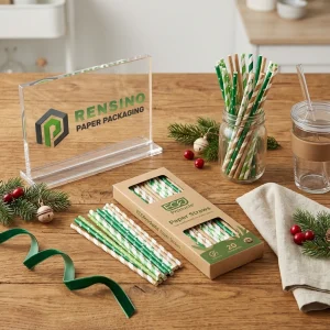 Grüne und weiße bedruckte Papierstrohhalme mit Logo und Muster für Getränke- oder Geschenkverwendung, OEM/ODM-Service verfügbar