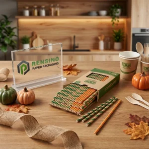 Bedruckte Papierstrohhalme mit Eco Products-Text und grün-orangefarbenem Design für Getränke, benutzerdefiniertes Design verfügbar