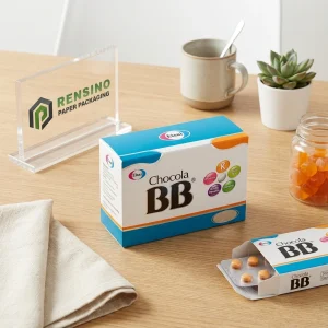 印刷されたチョコラBBのテキストとカラフルなアイコンのある青い紙製ボックス、食品包装に適しており、OEM/ODMサービスが利用可能