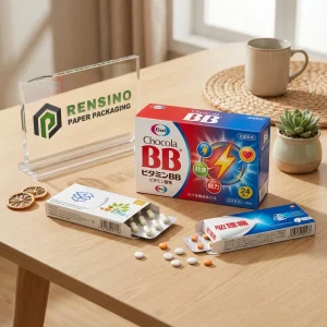 Boîte en papier rouge et bleue avec texte Chocola BB imprimé et design coloré, adaptée pour l'emballage de nourriture ou de suppléments, service OEM/ODM disponible