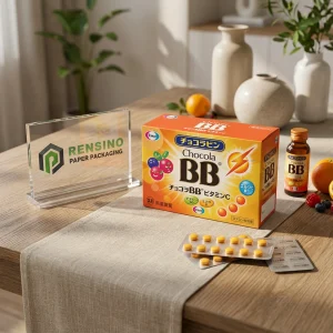 印刷されたブランディングとフルーツパターンのあるカラフルなペーパーボックス、ギフト、食品、または小売パッケージに適しており、カスタムデザイン可能