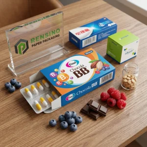 チョコラBBのテキストとフルーツパターンが印刷されたカラフルな紙箱、ギフト、食品、または小売包装に適しており、カスタムデザインが可能