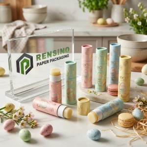 Pastel Colored Paper Lip Balm Tube Packaging with Easter Egg Pattern, Suitable for Cosmetic or Gift Use, Custom Logo Printing Available