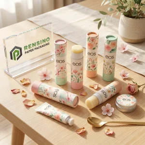 Envase de tubo de bálsamo labial de papel con patrón floral impreso, adecuado para uso cosmético o de regalo, diseño personalizado disponible