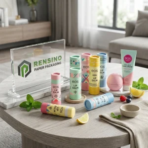 Multicolor Paper Lip Balm Tube Packaging with Printed Text and Geometric Patterns, Suitable for Cosmetic or Gift Use, Custom Design Available