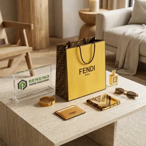 Bolsa de papel amarilla FENDI con logo y patrón, adecuada para regalos, venta al por menor o embalaje de moda, servicio OEM/ODM disponible