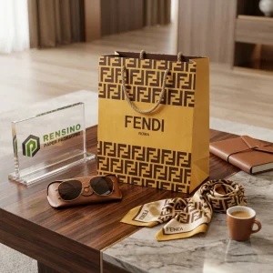 Sacchetto di Carta Giallo Fendi con Manici in Cordino e Stampa del Logo, Adatto per Regalo, Vendita al Dettaglio o Imballaggio Moda, Stampa Logo Personalizzata Disponibile
