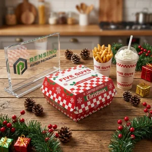 Scatola per alimenti usa e getta rossa e bianca con motivo natalizio e testo stampato, adatta per imballaggio alimentare, design personalizzato disponibile