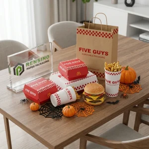 Brown Disposable Paper Bag with Red Checkered Pattern and Printed “FIVE GUYS” Text, Suitable for Food Packaging, Custom Logo Printing Available