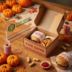 Brown Kraft Disposable Food Packaging Box with Red Printed “FIVE GUYS” Text and Checkered Pattern, Suitable for Burger and Fries Packaging, Custom Design Available