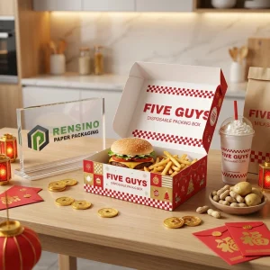 Scatola per alimenti usa e getta rossa e bianca con testo stampato “FIVE GUYS” e motivo a scacchi, adatta per imballaggio alimentare, design personalizzato disponibile