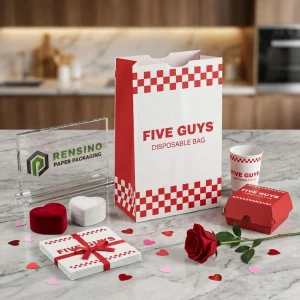 Sacchetti di Carta Alimentare Monouso Bianchi e Rossi con Motivo a Scacchi e Testo Stampato “FIVE GUYS”, Design Personalizzato Disponibile