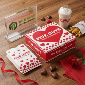 Scatola per hamburger usa e getta rossa e bianca con motivo a cuore e testo stampato “FIVE GUYS”, adatta per imballaggio alimentare, design personalizzato disponibile