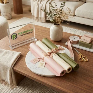 Carta da regalo rosa crema e verde floreale con testo stampato “FLOWERBY” e etichette decorative, adatta per imballaggio di fiori, design personalizzato disponibile