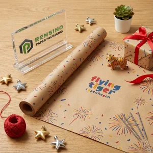Carta da imballaggio Kraft con motivo di fuochi d'artificio e nastro rosso, adatta per imballaggio di regali, vendita al dettaglio, cibo, cosmetici o gioielli, design personalizzato disponibile