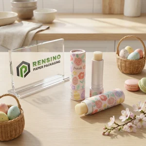 Tubo di balsamo labbra in carta stampata floreale pastello con motivo uovo di Pasqua, adatto per uso cosmetico o regalo, servizio OEM/ODM disponibile