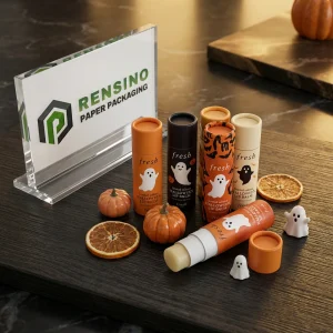 Orange and Black Paper Lip Balm Tube Packaging with Halloween Ghost Pattern, Suitable for Cosmetic or Gift Use, Custom Design Available