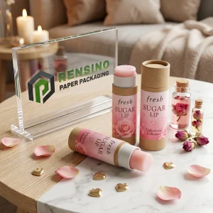 Tubo de bálsamo labial de papel Kraft y rosa con patrón de rosa y corazón, adecuado para uso cosmético o de regalo, servicio OEM/ODM disponible