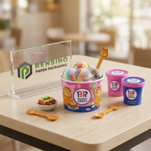 Pink and Blue Printed Paper Ice Cream Packaging Cup with Garfield Cartoon Pattern, Suitable for Food Packaging, Custom Design Available