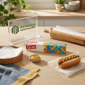 Papier ciré imprimé avec illustration de hot dog et logo, adapté pour l'emballage alimentaire ou de détail, design personnalisé disponible