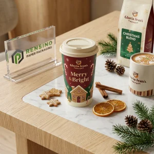 Gobelet en papier avec motif de Noël, adapté pour le café et les boissons chaudes, personnalisable pour les cadeaux de vacances et l'affichage en magasin