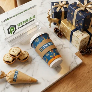Blaue und orangefarbene Einweg-Pappbecher mit Feiertagsmuster und Kraftpapierhülle, individuelles Design verfügbar