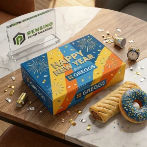 Caja de embalaje de alimentos desechable azul y amarilla con patrón de fuegos artificiales y texto impreso “FELIZ AÑO NUEVO de GREGGS”, adecuada para embalaje de alimentos, personalización al por mayor