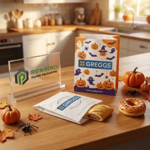 Bolsas de papel desechables de Greggs en naranja y blanco con patrón de calabaza y fantasma de Halloween, impresión de logo personalizada disponible