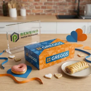 Caja de embalaje desechable azul y naranja con patrón de corazones y texto impreso “GREGGS”, adecuada para embalaje de alimentos, diseño personalizado disponible