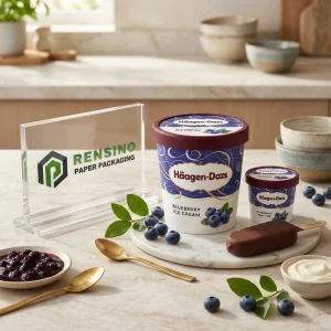 Blaues und weißes Papier-Eiscremeverpackung mit Heidelbeer-Motiv für Lebensmittelverpackungen, OEM/ODM-Service verfügbar