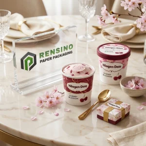 Taza de embalaje de papel con temática de flores de cerezo con imágenes impresas de cerezas para embalaje de alimentos, diseño personalizado disponible