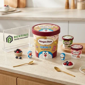 Imballaggio per gelato in carta gialla e bordeaux stampata con motivo del cartone animato Doraemon per imballaggio alimentare, stampa logo personalizzata disponibile