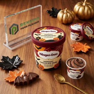 Imballaggio in cartone stampato per gelato con motivo di zucca di Halloween e pipistrello, adatto per imballaggio alimentare, stampa logo personalizzata disponibile