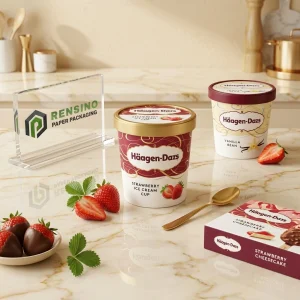 Imballaggio per coppe di gelato in carta stampata con immagini di fragola e baccello di vaniglia per imballaggio alimentare, servizio OEM/ODM disponibile