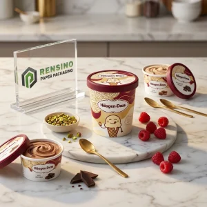 Imballaggio di gelato in cartone stampato con illustrazione di cono gelato per imballaggio alimentare, stampa del logo personalizzata disponibile