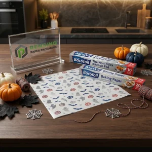 Blaues und weißes bedrucktes fettbeständiges Papier mit Halloween-Muster, geeignet für Lebensmittelverpackungen, OEM/ODM-Service verfügbar