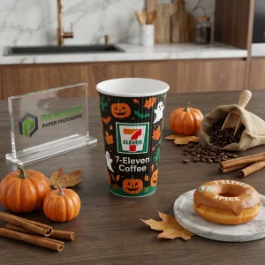 Bedruckter Pappbecher mit Halloween-Muster und 7-Eleven-Logo, geeignet für Getränke, Geschenke oder Einzelhandelsverpackungen, OEM/ODM-Service verfügbar